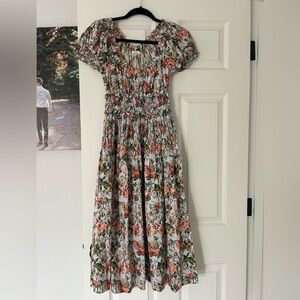 Doen White Floral Midi Dress with Pink and Green Print
